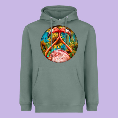 Flamingos With Western Background Heavyweight Hoodie Designed By Barkaloodesign