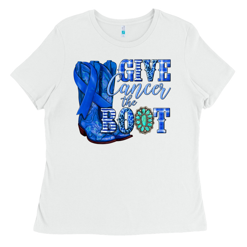 Give Cancer The Boot Colon Cancer Blue Ribbon Nca Ladies Tee by NancyCooperArtShop | Teevron