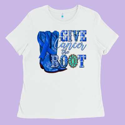 Give Cancer The Boot Colon Cancer Blue Ribbon Nca Ladies Tee Designed By Nancycooperartshop