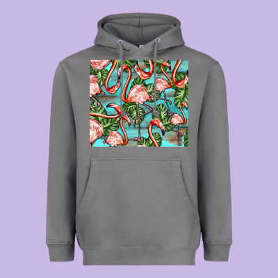 Flamingos With Leaves Heavyweight Hoodie Designed By Barkaloodesign