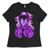 Black purple ribbon with boxing gloves Ladies Tee - NancyCooperArtShop