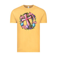 Vintage Mustard Cross With Floral Wreath And Easter Eggs Vintage Tee - RanaPortraitStore