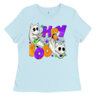 Baby Blue Hey Boo with Ghost Cats Ladies Tee - texasbilliewilder