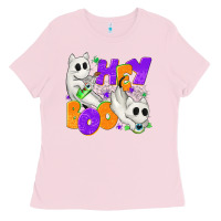 Bubblegum Pink Hey Boo with Ghost Cats Ladies Tee - texasbilliewilder