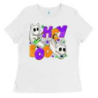 White Hey Boo with Ghost Cats Ladies Tee - texasbilliewilder