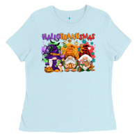 Baby Blue Hallothanksmas gnomes Ladies Tee - NancyCooperArtShop