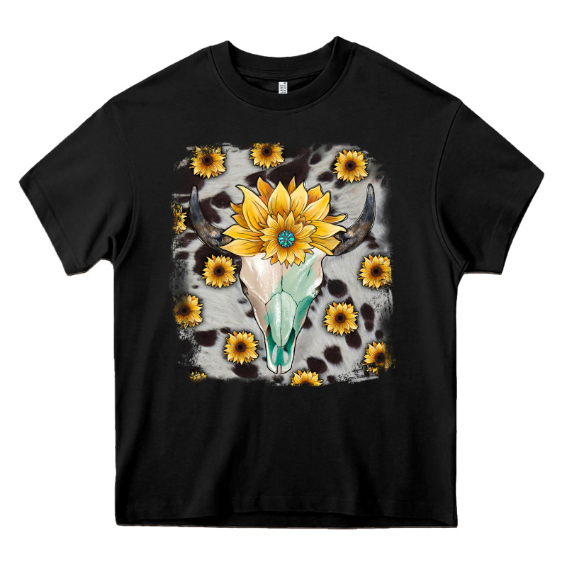 Cowhide Sunflower Gemstone Bull Skull Heavy Core Tee by JahusDesignShop | Teevron