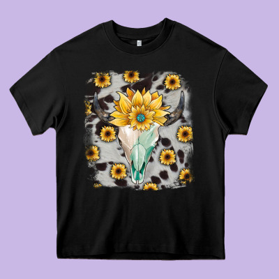 Cowhide Sunflower Gemstone Bull Skull Heavy Core Tee Designed By Jahusdesignshop