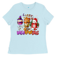 Baby Blue Happy Hallothanksmas wine glass and coffee Ladies Tee - NancyCooperArtShop