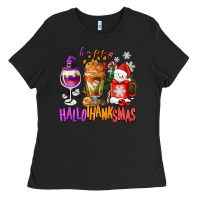 Black Happy Hallothanksmas wine glass and coffee Ladies Tee - NancyCooperArtShop