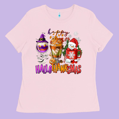 Happy Hallothanksmas Wine Glass And Coffee Ladies Tee Designed By Nancycooperartshop