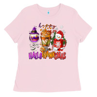 Bubblegum Pink Happy Hallothanksmas wine glass and coffee Ladies Tee - NancyCooperArtShop
