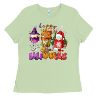 Matcha Happy Hallothanksmas wine glass and coffee Ladies Tee - NancyCooperArtShop