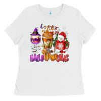 White Happy Hallothanksmas wine glass and coffee Ladies Tee - NancyCooperArtShop