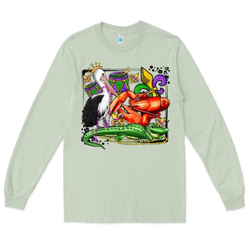 Mardi Gras Pelican Crawfish Crocodile Long Sleeve Tee by OliviaCreatesArt | Teevron