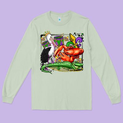 Mardi Gras Pelican Crawfish Crocodile Long Sleeve Tee Designed By Oliviacreatesart