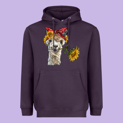 Alpaca With Sunflowers And Bandana Heavyweight Hoodie Designed By Barkaloodesign