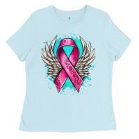 Baby Blue cancer ribbon with angel wings Ladies Tee - NancyCooperArtShop
