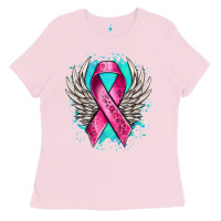 Bubblegum Pink cancer ribbon with angel wings Ladies Tee - NancyCooperArtShop