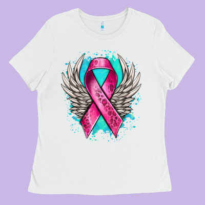 Cancer Ribbon With Angel Wings Ladies Tee Designed By Nancycooperartshop