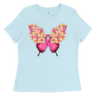 Baby Blue Pink ribbon Breast Cancer butterfly Ladies Tee - NancyCooperArtShop