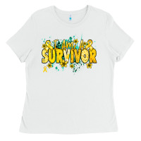 White I am a survivor yellow ribbon Ladies Tee - NancyCooperArtShop