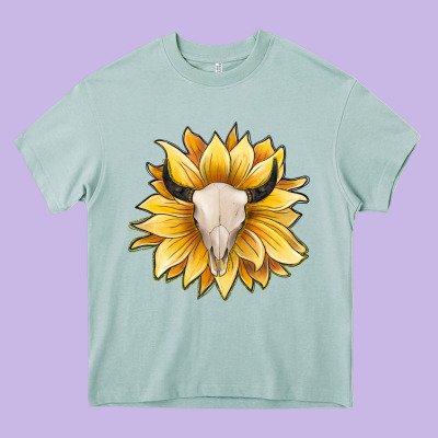 Sunflower Bull Skull Heavy Core Tee Designed By Jahusdesignshop