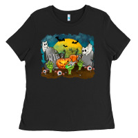 Black Cemetery with Ghost Cats Ladies Tee - texasbilliewilder