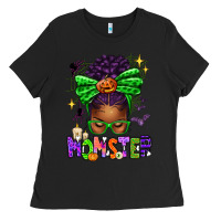 Black Halloween Afro Messy Bun Momster Ladies Tee - texasbilliewilder