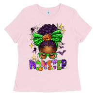 Bubblegum Pink Halloween Afro Messy Bun Momster Ladies Tee - texasbilliewilder