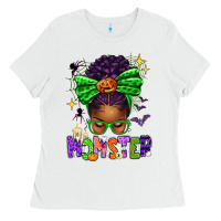 White Halloween Afro Messy Bun Momster Ladies Tee - texasbilliewilder