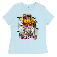 Baby Blue Happy Halloween with Skeleton Ladies Tee - texasbilliewilder