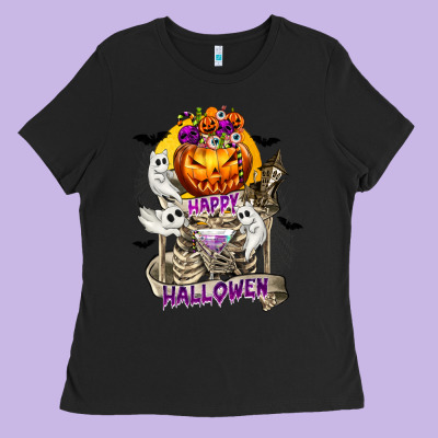 Happy Halloween With Skeleton Ladies Tee Designed By Texasbilliewilder