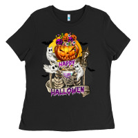 Black Happy Halloween with Skeleton Ladies Tee - texasbilliewilder