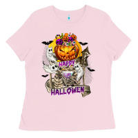 Bubblegum Pink Happy Halloween with Skeleton Ladies Tee - texasbilliewilder