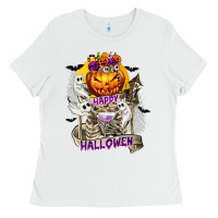 White Happy Halloween with Skeleton Ladies Tee - texasbilliewilder