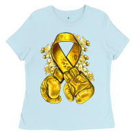 Baby Blue Childhood Cancer yellow ribbon with boxing gloves Ladies Tee - NancyCooperArtShop