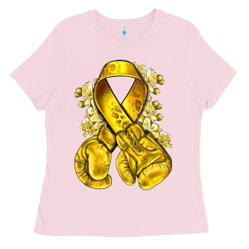 Childhood Cancer Yellow Ribbon With Boxing Gloves Ladies Tee by NancyCooperArtShop | Teevron