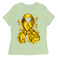 Matcha Childhood Cancer yellow ribbon with boxing gloves Ladies Tee - NancyCooperArtShop