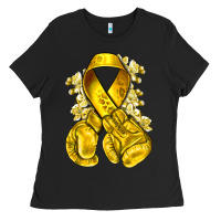 Black Childhood Cancer yellow ribbon with boxing gloves Ladies Tee - NancyCooperArtShop