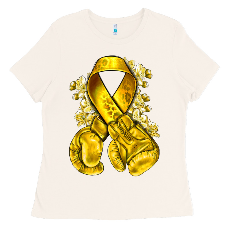 Childhood Cancer Yellow Ribbon With Boxing Gloves Ladies Tee by NancyCooperArtShop | Teevron