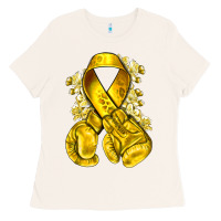 Bone Childhood Cancer yellow ribbon with boxing gloves Ladies Tee - NancyCooperArtShop