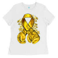 White Childhood Cancer yellow ribbon with boxing gloves Ladies Tee - NancyCooperArtShop