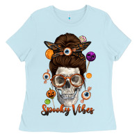 Baby Blue Spooky Vibes Skull Messy Bun Ladies Tee - texasbilliewilder