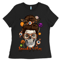 Black Spooky Vibes Skull Messy Bun Ladies Tee - texasbilliewilder