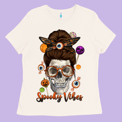 Spooky Vibes Skull Messy Bun Ladies Tee Designed By Texasbilliewilder