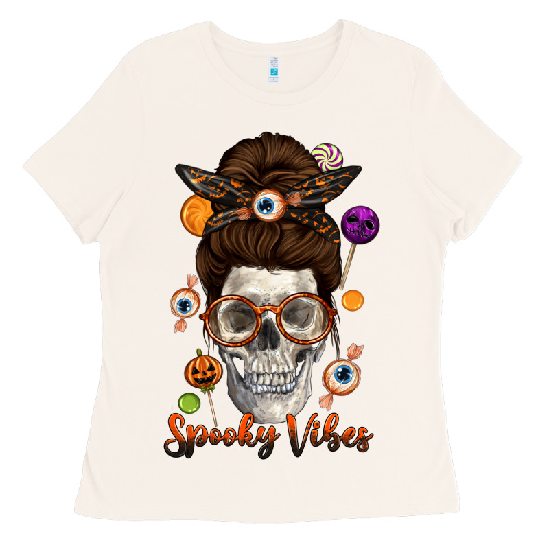 Spooky Vibes Skull Messy Bun Ladies Tee by texasbilliewilder | Teevron
