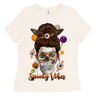 Bone Spooky Vibes Skull Messy Bun Ladies Tee - texasbilliewilder