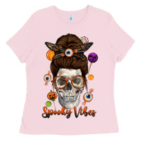Bubblegum Pink Spooky Vibes Skull Messy Bun Ladies Tee - texasbilliewilder