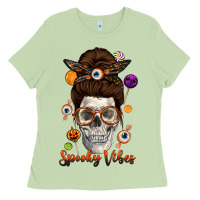 Matcha Spooky Vibes Skull Messy Bun Ladies Tee - texasbilliewilder